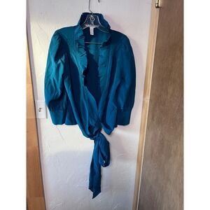 DIANE VON FURSTENBERG Silk Teal Ruffle Front Wrap Blouse Size 10
